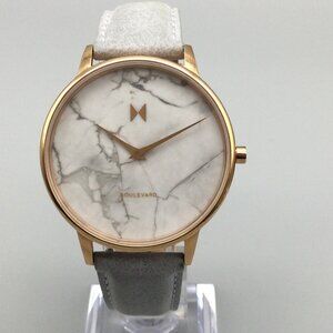 MVMT Boulevard Watch Women 38mm Gold Tone Marble Dial Leather Band New Battery